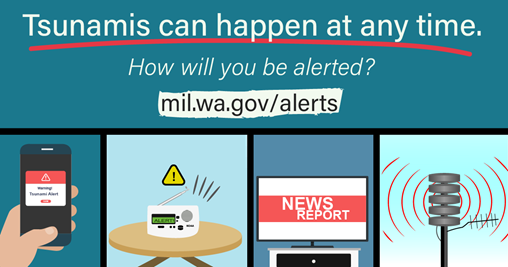 Color graphic showing different ways to get tsunami alerts. Text on the top says “Tsunamis can happen at any time. How will you be alerted? Mil.wa.gov/alerts.”